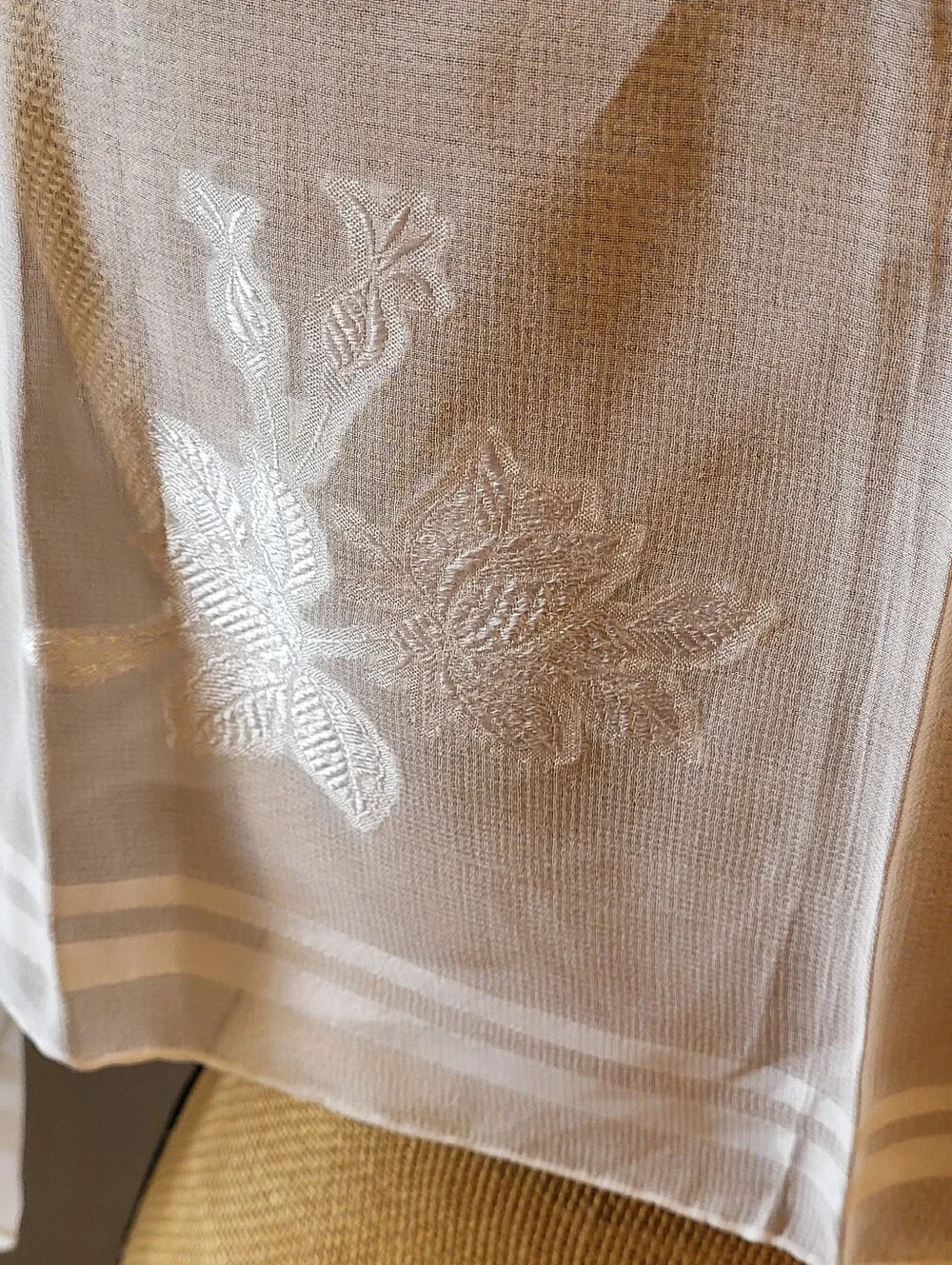 Jacquard 60s Rayon White Sheer Floral Scarf Hand Rolled Hems Japan